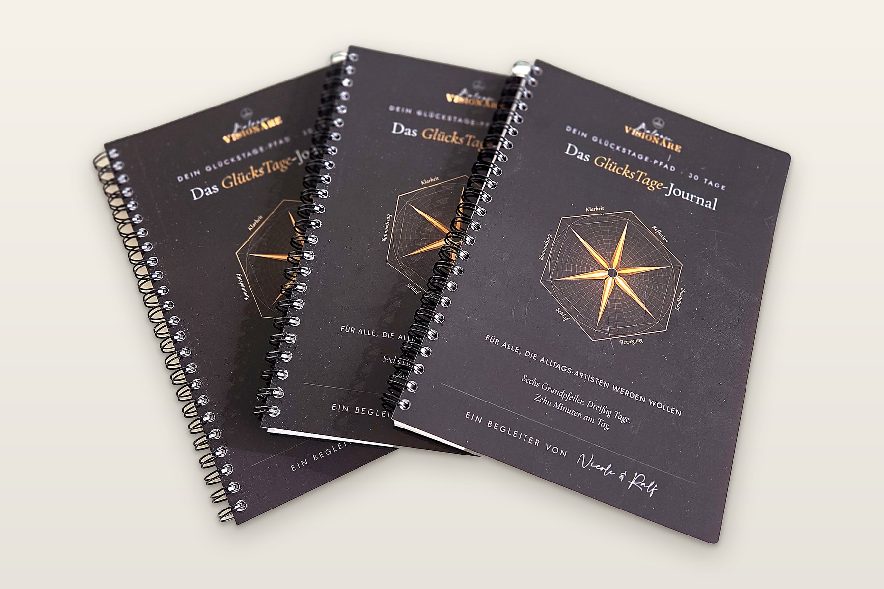 Drei gedruckte GluecksTage-Journale, aufgefaechert